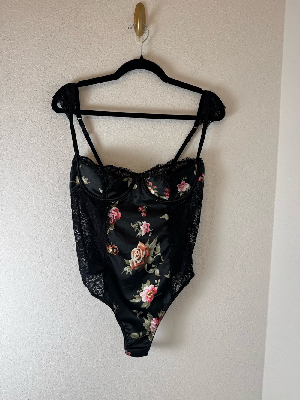 Frederick's of Hollywood Black Lace and Floral Trim Bodysuit